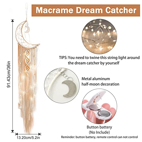 Macrame Hanging Photo Display with Moon Dream Catcher and LED Fairy Lights