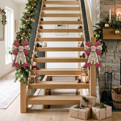 2-Pack Red Green Plaid Christmas Wreath Bows for Front Door Decor