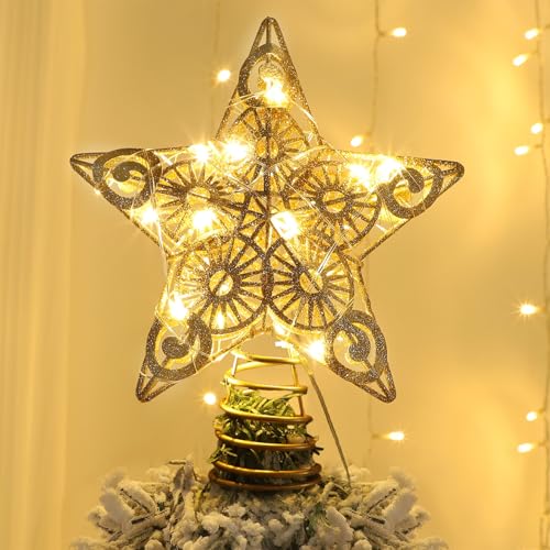 Gold Lighted Star Christmas Tree Topper with 20 Warm White LED Lights