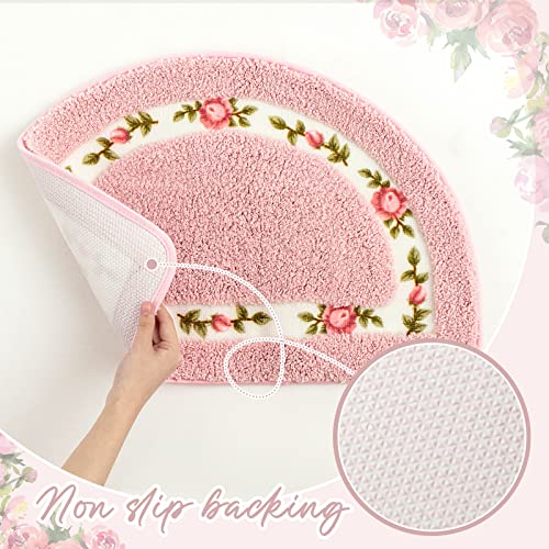 4-Piece Pink Floral Bathroom Rug Set - Non-Slip Absorbent Flower Bath Mats