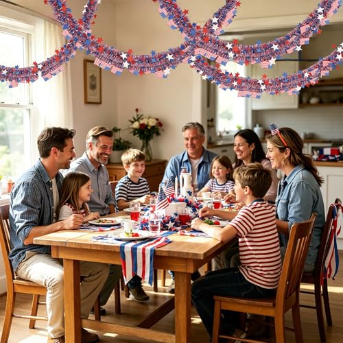 4th of July Patriotic Star Tinsel Garland - 50ft Red White & Blue Decor