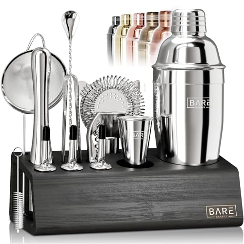 Bare Barrel® 14-Piece Cocktail Bar Set with 24oz Silver/Black Cobbler Shaker & Recipe Cards