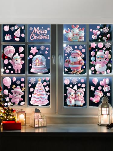 Qc3048 Pink Christmas Window Clings - 9 Sheets Holiday Decor for Glass Windows