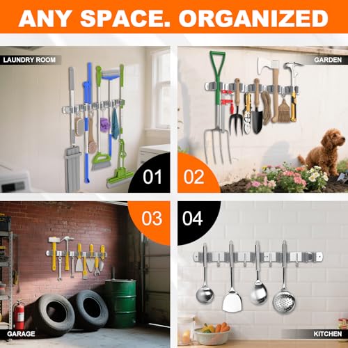 Stainless Steel Broom Holder Wall Mount Mop Organizer with 5 Racks and 4 Hooks