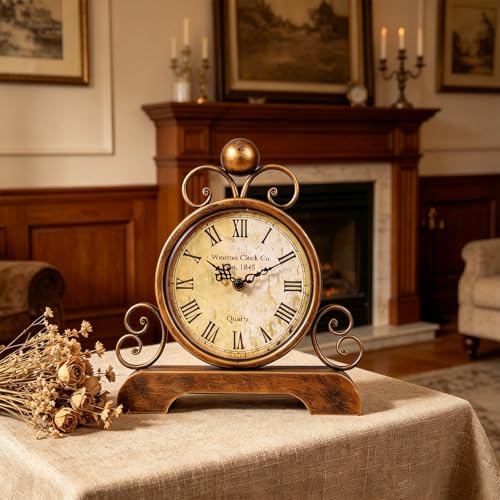 Vintage Metal Mantel Clock, Silent Quartz Table Clock for Shelf or Desk