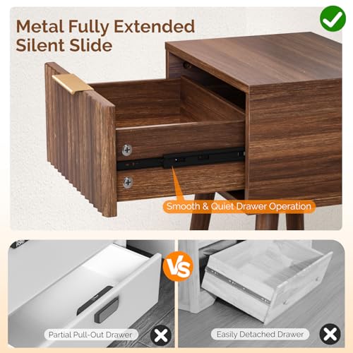 Fluted Nightstand Set of 2, Mid-Century Modern Wood Bedside Tables, Walnut