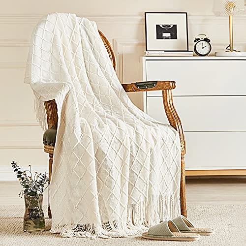 Off-White Knitted Throw Blanket with Tassels - 50x60 Inch Woven Decor