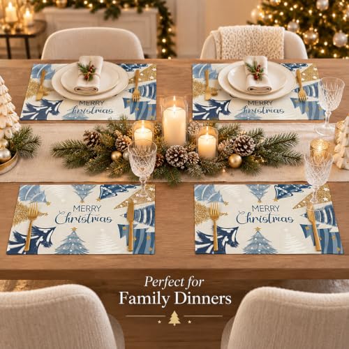 Merry Christmas Placemats Set of 4 - 12x18 in with Christmas Trees (Blue/White) by Taskoge