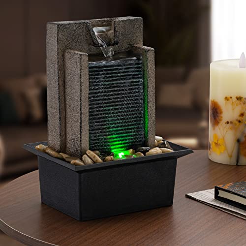 Indoor Tabletop Waterfall Fountain with Color-Changing LED Lights & Rocks