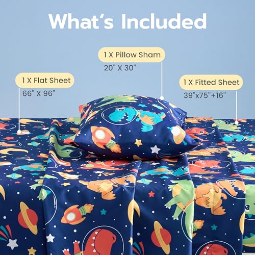 3-Piece Twin Sheet Set - Soft Microfiber Space Dinosaur Bedding for Kids
