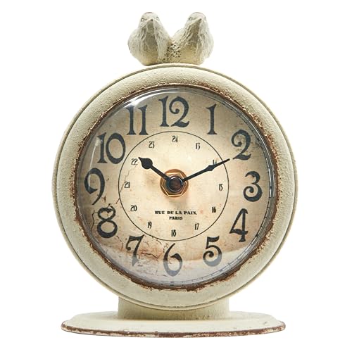 Vintage Pewter Mantel Clock with Bird Accents, Distressed Ivory Finish