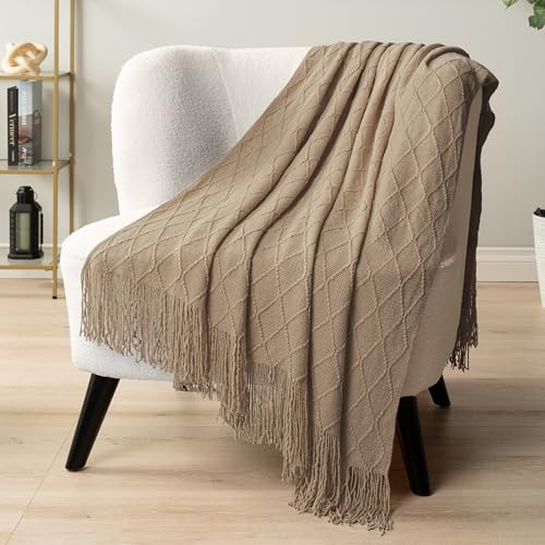 Tan Taupe Knit Throw Blanket with Fringe Tassel, 50x60 Inch Soft Boho Throw