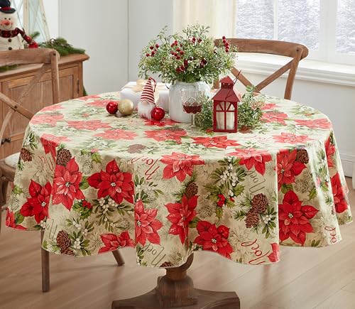Newbridge 70 Inch Round Majestic Poinsettia Vinyl Christmas Tablecloth with Flannel Backing