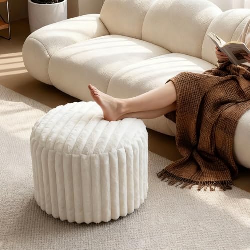 Round Faux Fur Pouf Ottoman, 20-Inch Shaggy Footrest with Washable Cover