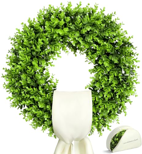 24-Inch UV-Resistant Boxwood Wreath for Front Door with Decorative Sash