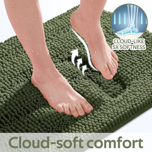 ACCUMTEK Olive Green U Shape & Rectangular Bathroom Rug Set - Plush Chenille Non Slip Bath Mats, 24x20 & 48x20 Inches