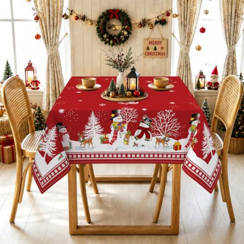 Yighty 70x70 Inch Red Snowman Christmas Tablecloth Waterproof Durable Holiday Decor
