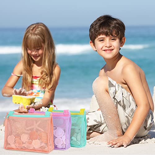 Kids Mesh Beach Bags for Shell Collecting - Adjustable Sand Toy Bags, Set of 3