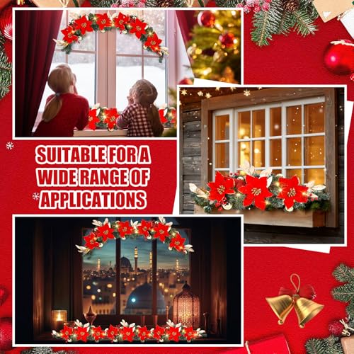 30-Inch Pre-Lit Christmas Window Swags with Red Poinsettias - 4 Pack
