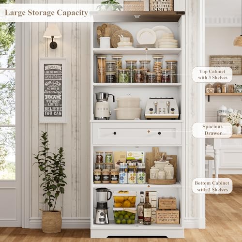 HOSTACK 71-Inch Farmhouse Kitchen Pantry Cabinet White and Rustic Brown, Rustic Storage Cabinet with Barn Doors