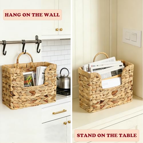 Woven Water Hyacinth Hanging Magazine Holder - Farmhouse Wall Organizer