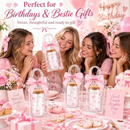 Mumufy 16 Sets Pink Bow Glass Cups with Lids & Straws Coquette Style