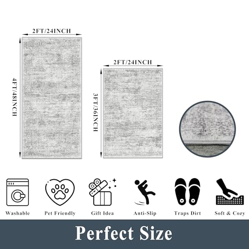 2-Piece Non-Slip Kitchen Rug Set, Washable Farmhouse Floor Mats (Grey Ivory)