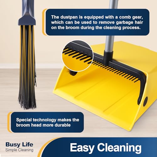 Commercial Heavy Duty Broom and Dustpan Set with Built-In Comb & Long Handle