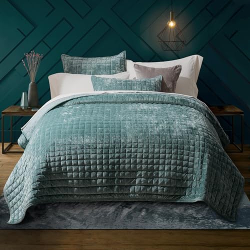Luxury Channel Box Stitch Velvet Quilt Set, Full Queen, Aqua Green