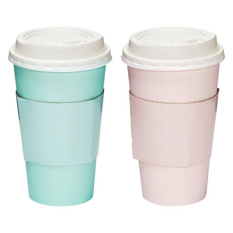 Sparkle and Bash Disposable Coffee Cups with Lids - 16 Oz, 48 Pack, Compostable Pastel Colors - Insulated Hot Paper Cups with Lids & Disposable Coffee Sleeves