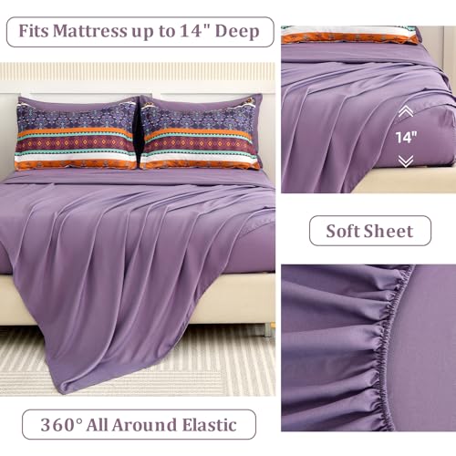 Queen Boho Comforter Set 7-Piece - Purple Paisley Microfiber Bedding Set