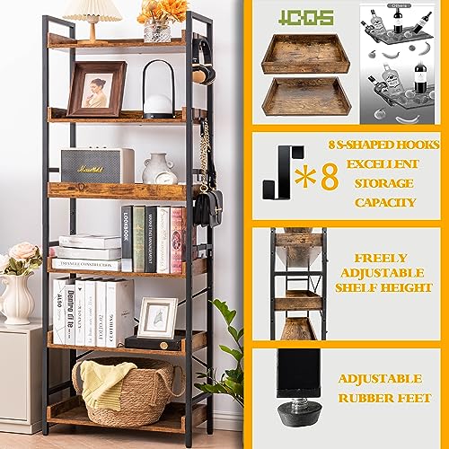 6-Tier Adjustable Industrial Bookcase with Storage Hooks, Rustic Wood