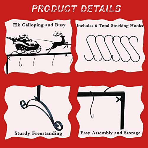 Black Metal Christmas Elk Cart Stocking Holder Stand with 6 Hooks - Freestanding Holiday Decor