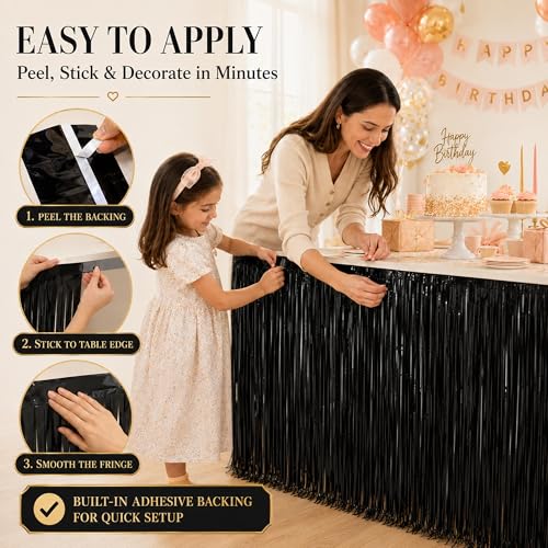 4-Pack Black Foil Fringe Table Skirt, Metallic Tinsel Party Decorations