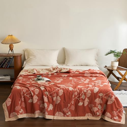 Reversible 100% Cotton Muslin Quilt - Ginkgo Leaf Floral Design, Queen