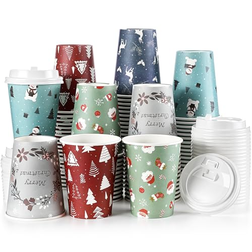 Zhehao Santa Claus Christmas Paper Coffee Cups 9 oz with Lids – 100 Pack