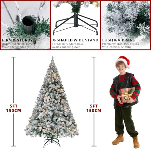 DNKMOR 5FT Christmas Tree with Warm White Lights, Snow Flocked Artificial Xmas Tree