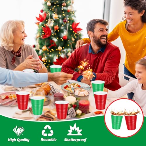 Red and Green Christmas Plastic Cups 12oz - 100 Pack, Disposable Holiday Party Supplies