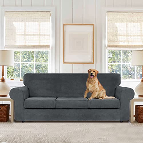 4-Piece Stretch Velvet Sofa Slipcover for 3-Cushion Couch - Dark Grey, Large