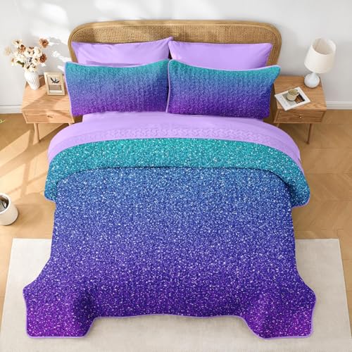 7-Piece Ombre Queen Quilt Bedding Set, Soft Lightweight Teal Coverlet