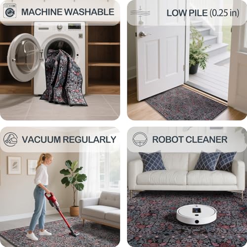 8x10 Washable Area Rug, Stain-Resistant Vintage Floral Carpet for Living Room