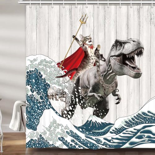 Funny Cat Riding Dinosaur Shower Curtain Waterproof Polyester 72x72 Inch