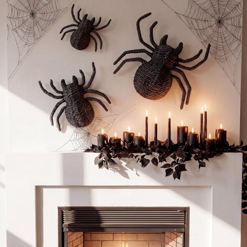 Woven Rattan Spider Halloween Decor - Handcrafted 3-Piece Black Rustic Set