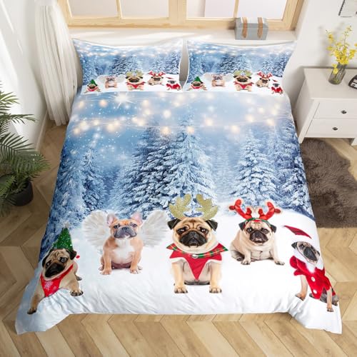 Feelyou Dog Xmas Duvet Cover Queen Size - Pug Christmas Bedding Set Multi 29