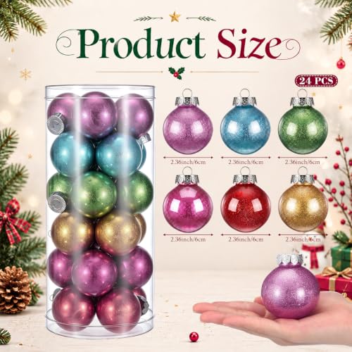 Soaoo Bright 24pcs Christmas Glitter Ball Ornaments 2.36" Shatterproof