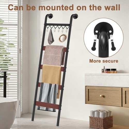 5-Tier Wall-Leaning Blanket Ladder Rack with Hooks, Rustic Storage Shelf