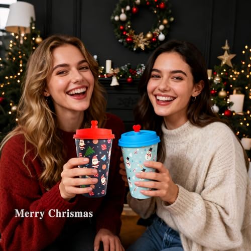 CUPLOOV 16oz 25-Pack Christmas Coffee Cups with Lids & Sleeves - Retro 5-Design Holiday Paper Cups