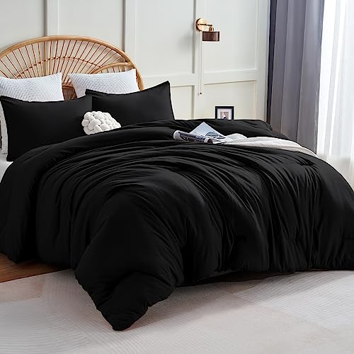 Queen Size Comforter Set - 3-Piece All Season Down Alternative Bedding, Black