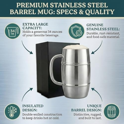 ANGORA BRANDS 34 oz Viking Barrel Mug - Stainless Steel Beer & Coffee Tumbler