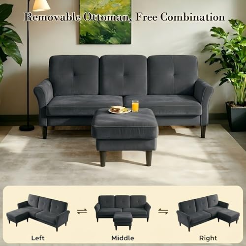83-Inch Velvet L-Shaped Sectional Sofa with Ottoman for Small Living Rooms